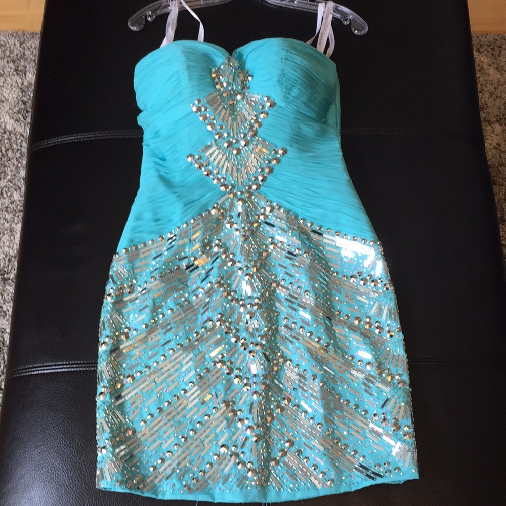 Turquoise cocktail strapless silver embellished - Picture 1 of 6